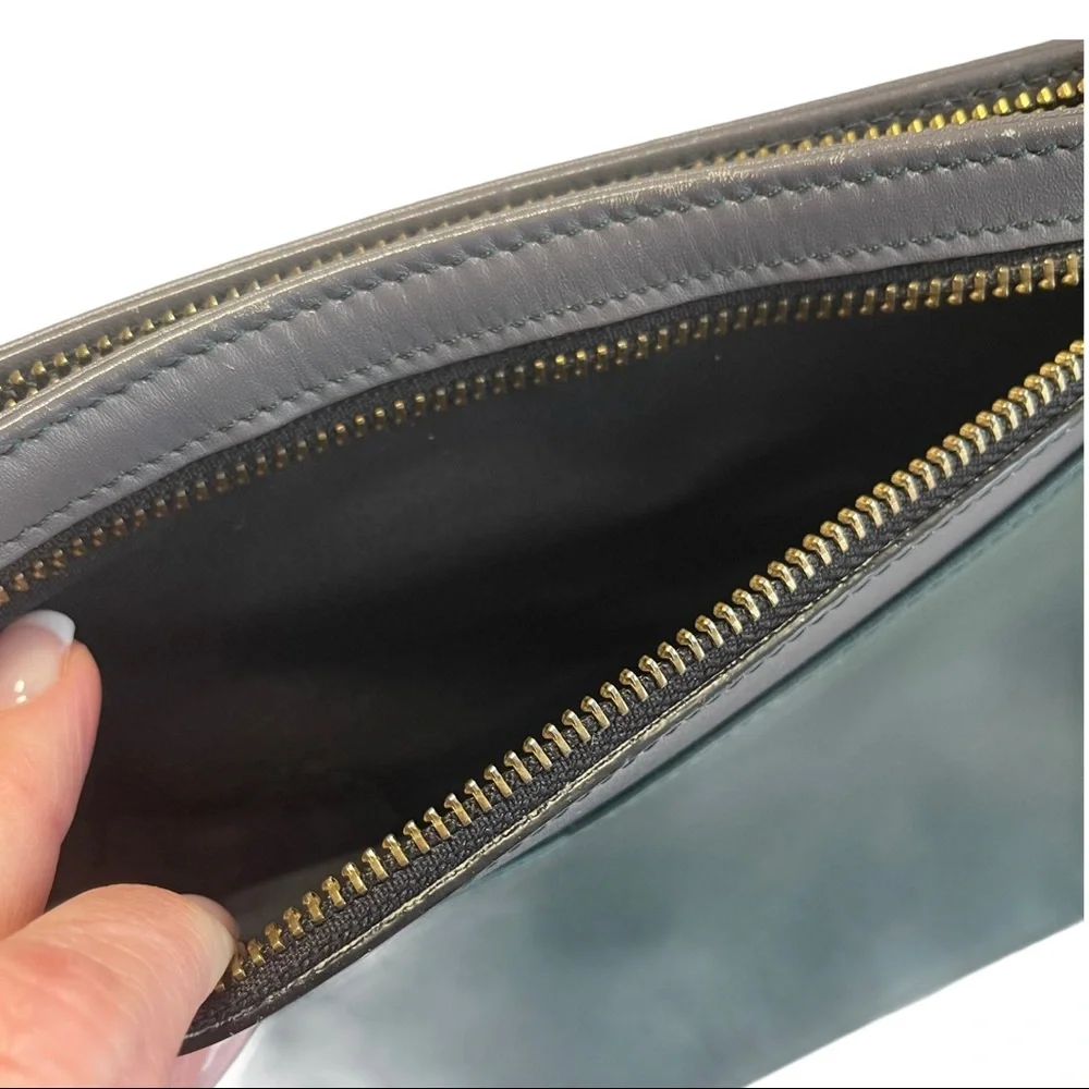 HALOGEN Leather Clutch Dark teal green w/wrist strap Two-Toned Minimalist Mod